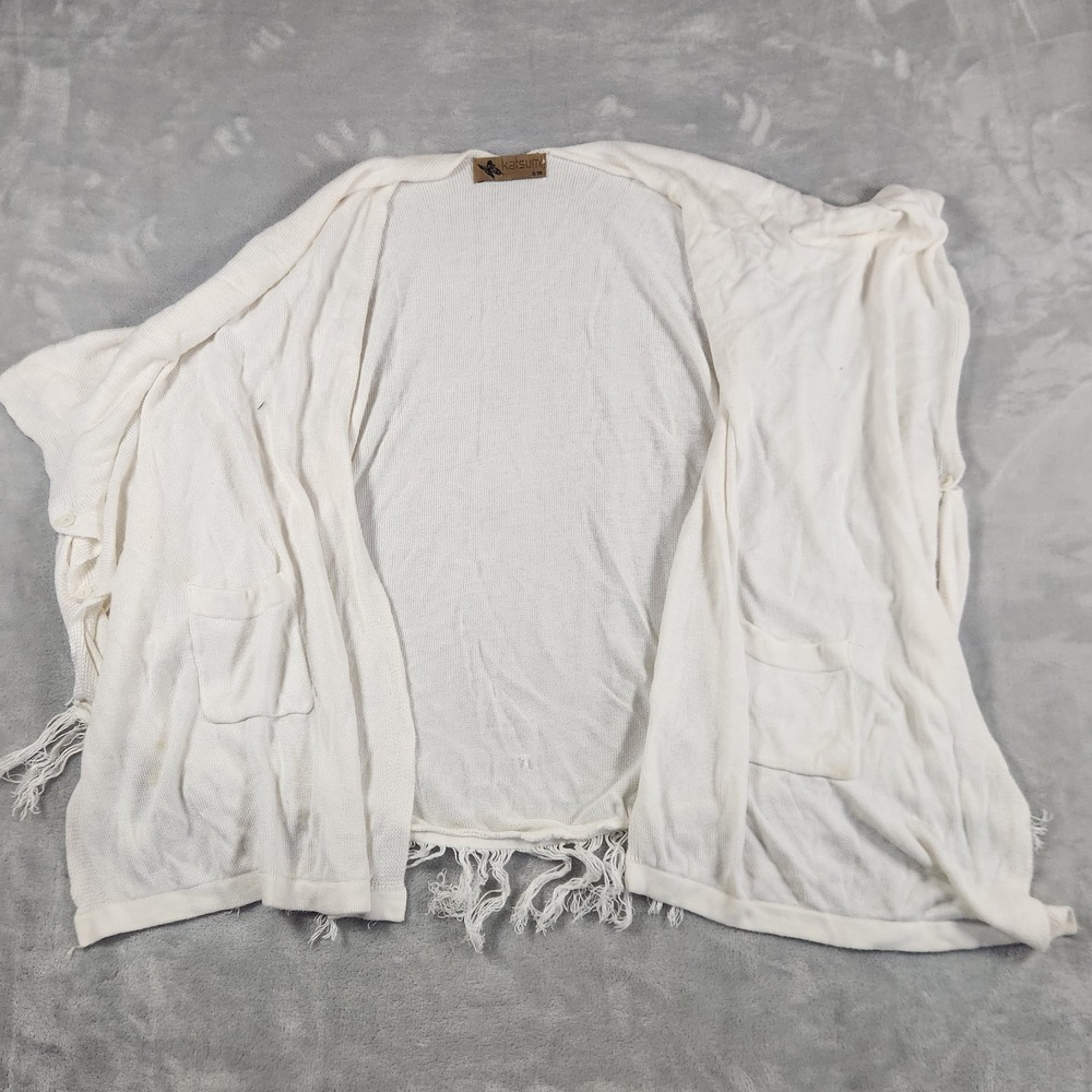 Katsumi Shawl Sweater WomenS/M Ivory Open Front Fringe Pocket Boho Cottagecore